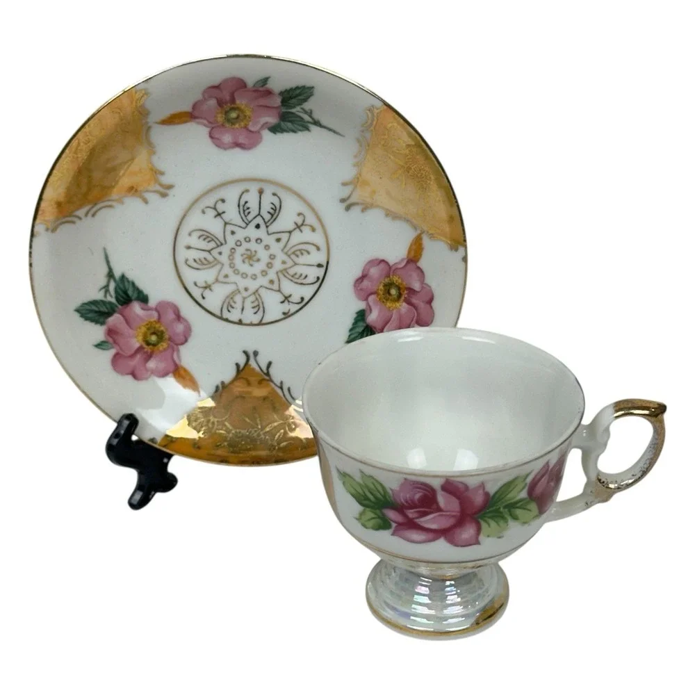 Demitasse Tea Cup Saucer Set Porcelain Lusterware Flower Japan Gold Iridescent
